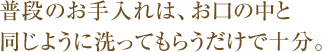 普段のお手入れは、お口の中と同じように洗ってもらうだけで十分。